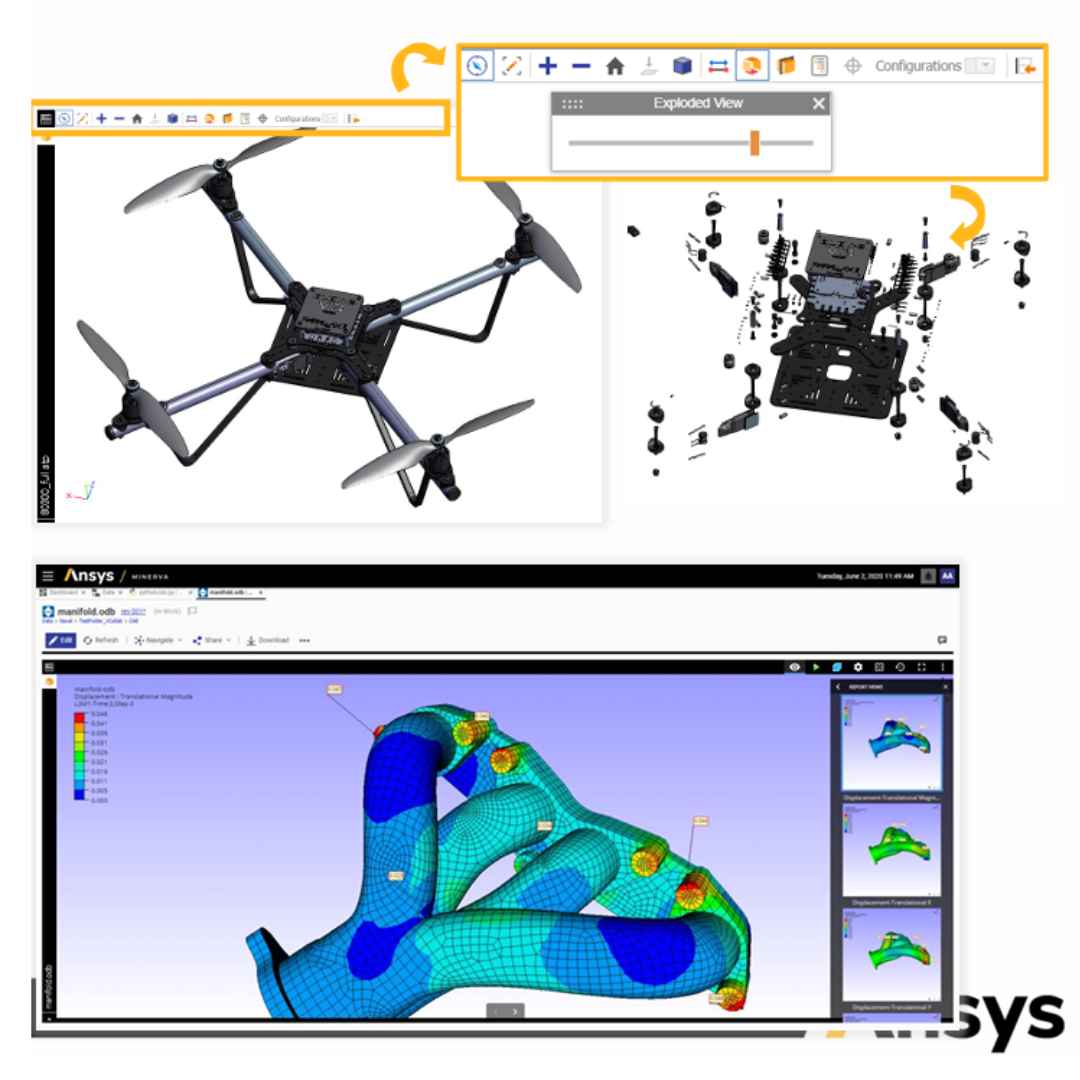 Computer screen displaying a drone model and 3D analysis software interface.