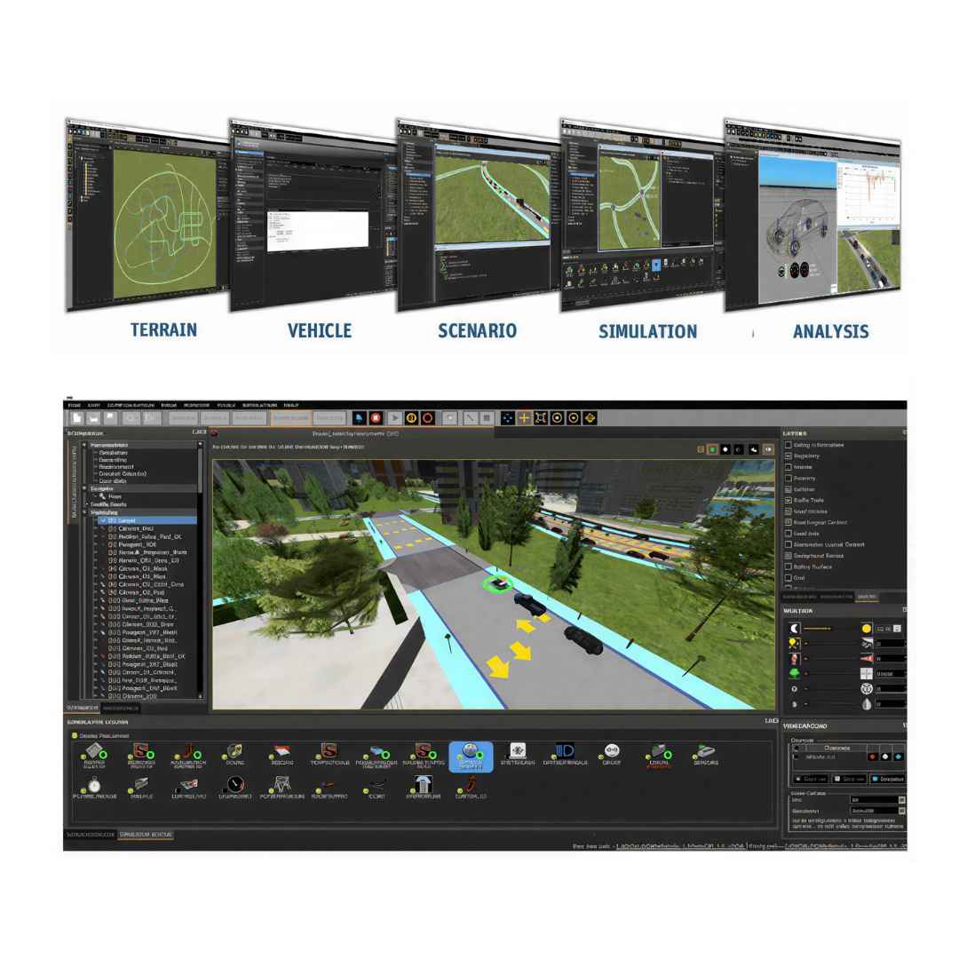 Multiple computer screens displaying a simulation software interface with various tabs and views.