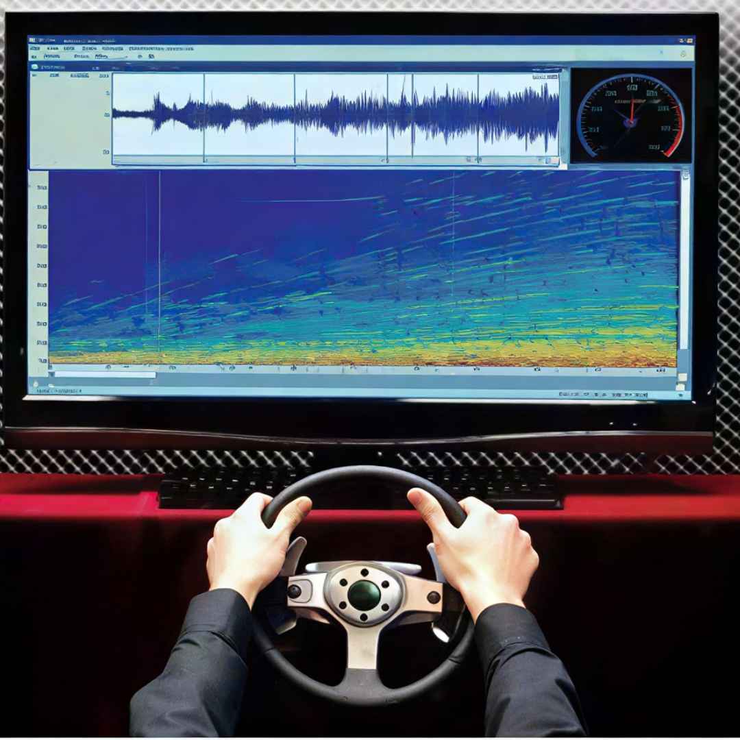 Person using a steering wheel in front of a computer screen displaying audio analysis software.
