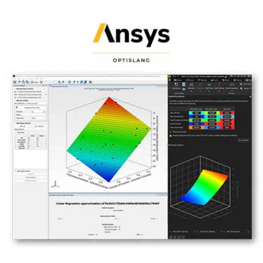 Ansys software interface with 3D graphics and color plots on a white background