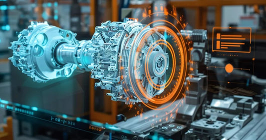 Technical illustration of a mechanical gear system with glowing elements on a blurred background.