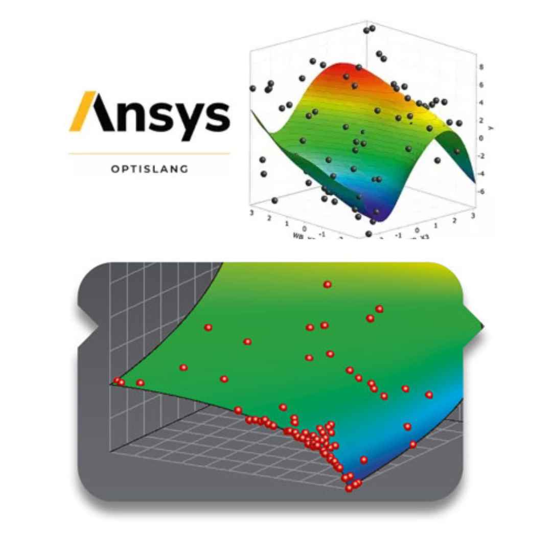 Ansys software interface with 3D graphics and data points on a white background