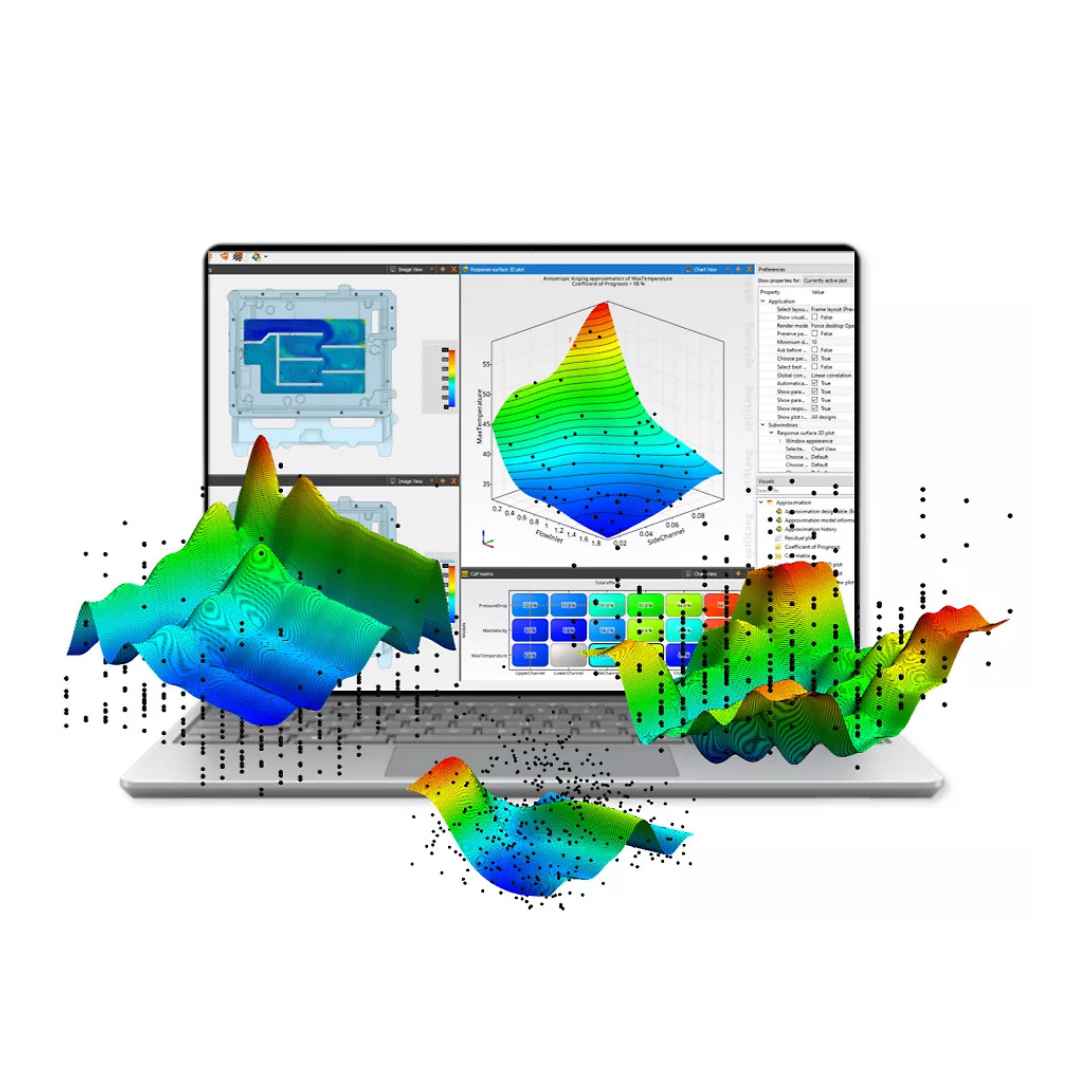 Laptop displaying software with 3D color-coded data visualization on a white background