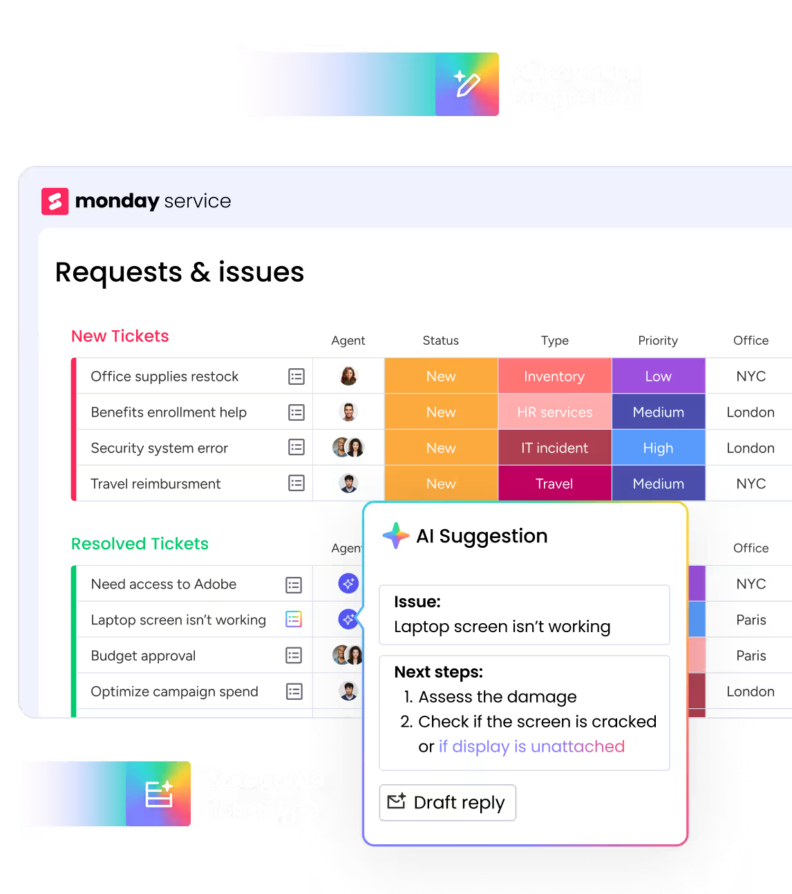Monday Service software interface with ticket management system and AI suggestion feature.