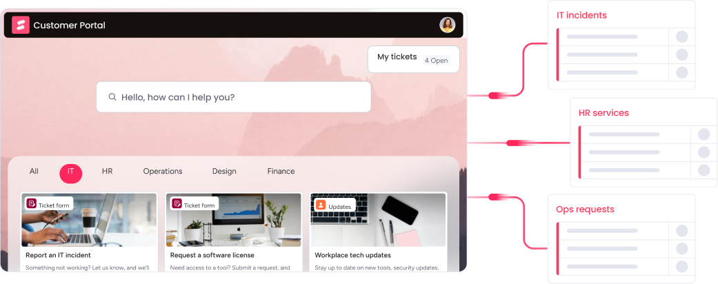 Customer portal interface with search bar and navigation options on a pink background