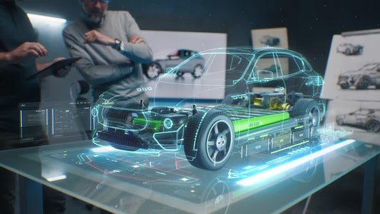 Holographic car model displayed on a table with people in the background