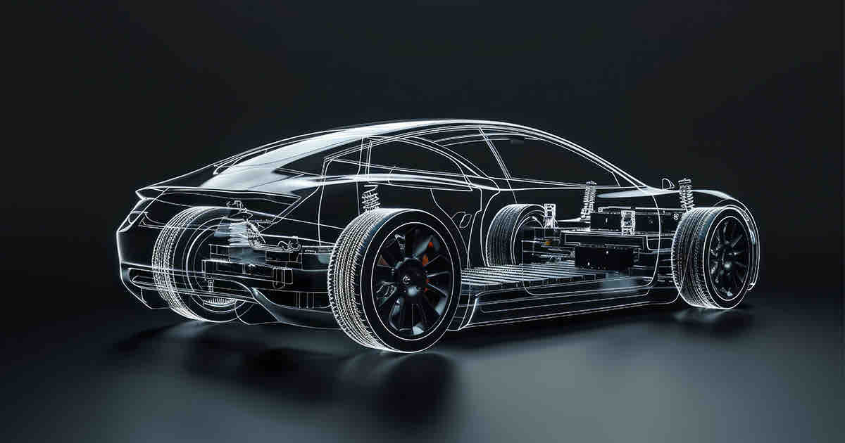 Transparent car model with visible structural lines on a dark background